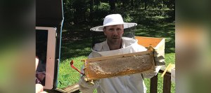 beekeeper holding frame from hive