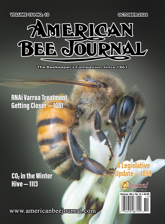 American Bee Journal October Cover 2024 Call-outs: RNAi Varroa Treatment Getting Closer - 1081, CO2 in the Winter Hive - 1113, A Legislative update - 1059