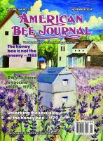 Cover for the November 2024 issue of the American Bee Journal. The cover depicts a painting of a bee hive in the foreground surrounded by lavender, with seveal white building with brown roofs in the background. Call-outs: The honey bee is not the enemy - 1185, DWV: Is there a vaccine for that? - 1175, Unlocking the sexuality of the honey bee - 1179