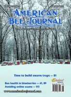 American Bee Journal January 2025 Cover: A snow covered field in the foreground, with multicolored hives with snow on top in the middle-ground and bare trees in the background.