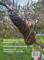 American Bee Journal June 2025 Cover Cover Callouts: Who still wires beeswax foundation - 631, Pollination is more than food - 643, Managing comb construction - 651, 656 The cover depicts a swam clinging to a branch that goes horizontal across the cover. The tree has pink blooms and new leaves growing and several multi-colored hive boxes can be seen in the background.