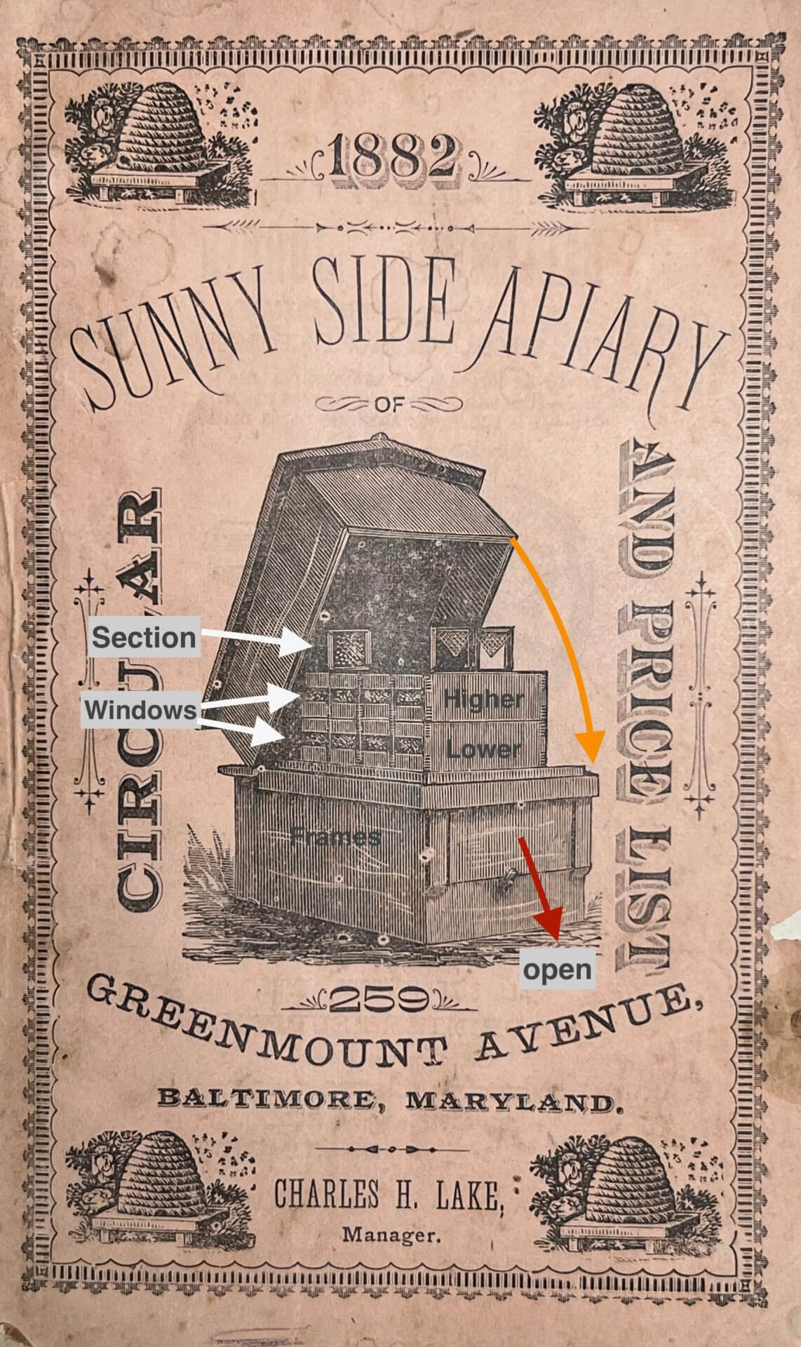 The 18882 cover of the "Sunny Side Apiary" Catalog featuring the "Old Reliable Hive" from the backside.