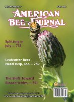 American Bee Journal Volume 165 No. 7 July 2025 Alfalfa Leafcutter bee on a thistle. Callouts: Splitting in July - 735, Leafcutter Bees Need Help, Too - 739, The Shift Toward Bioacaricides - 751