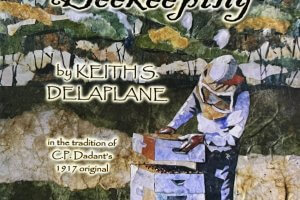 Figure 1: First Lessons in Beekeeping cover. Depicts a beekeeper inspecting his hive with trees in the background. The ttile is located above the beekeeper with the authors name off to the left of him.