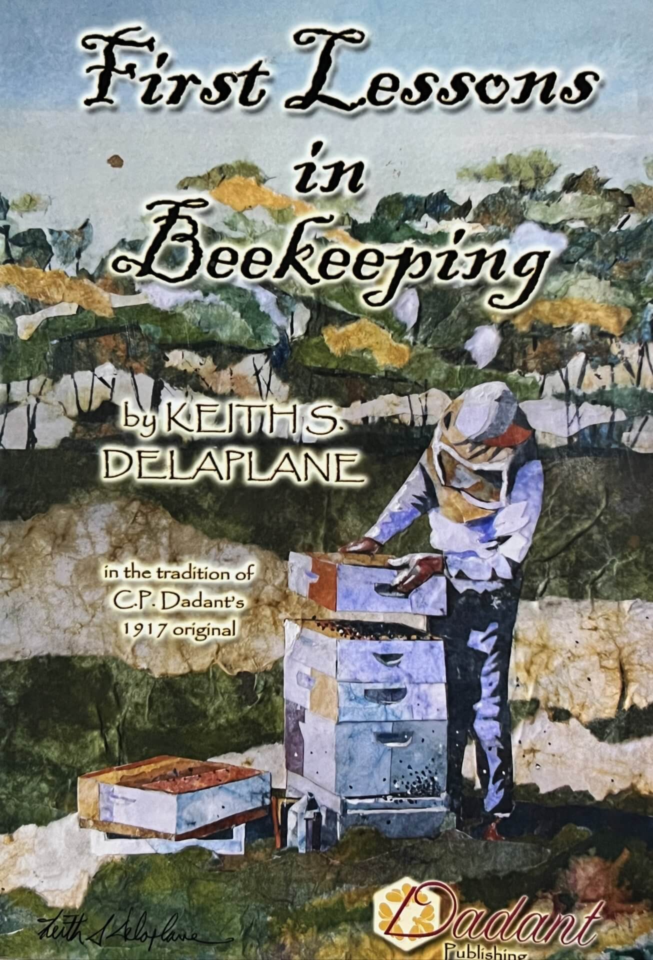 Figure 1: First Lessons in Beekeeping cover. Depicts a beekeeper inspecting his hive with trees in the background. The ttile is located above the beekeeper with the authors name off to the left of him.