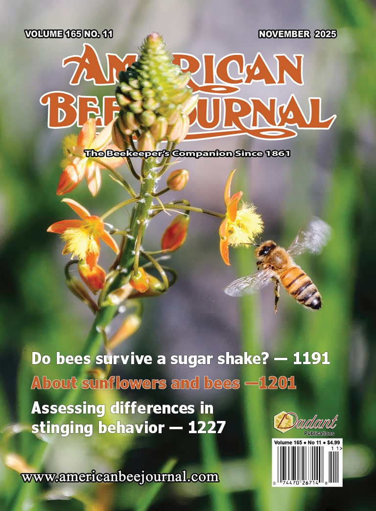 American Bee Journal Volume 165 No. 11 November 2025 Cover Callouts: Do bees survive a sugar shake? - 1191, About sunflowers and bees - 1201, Assessing differences in stinging behavior - 1227
