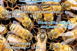 Volume 165 No. 12 December 2025 Cover American Bee Journal. Cover features a queen bee surrounded by worker bees. Cover Callouts: Managing pests and pathogens organically - 1321 Stem cells, weeds, and bees - 1337 Lower-energy beekeeping-1343