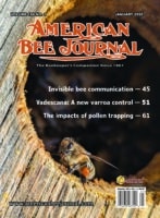 American Bee Journal Volume 166 No. 1 January 2026 Cover Callouts: Invisible Bee Communication - 45, Vadescana: A new varroa control - 51, The impacts of pollen trapping - 61 Cover depicts a honey bee with propolis on its legs.